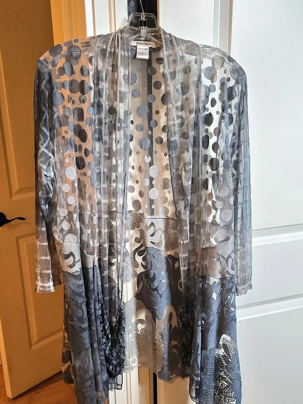 FERATELLI Sheer Patterned Jacket in Gray & Blue Large Like New